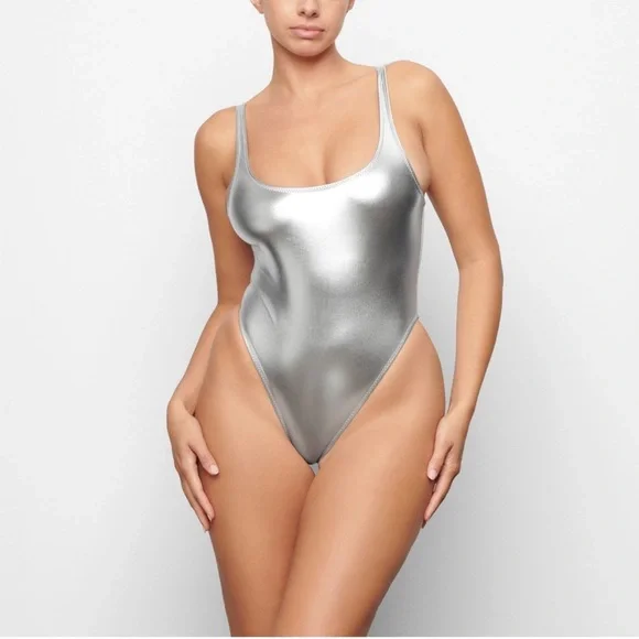 Skims Silver Metallic High Cut One Piece Swimsuit Nickel 3X 2XL XXL Baywatch - Picture 2 of 12